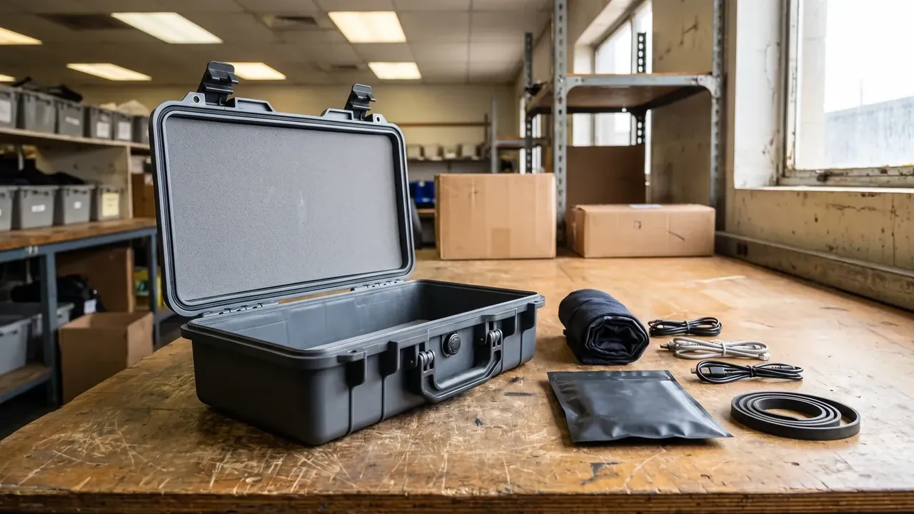 Handheld plastic tool case with tray: dark grey case open on a wooden bench, bare foam in the lid, empty bay, cables and a pouch