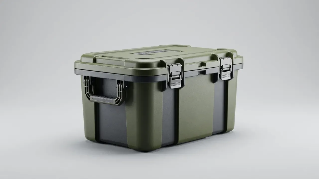 Hard case manufacturer: olive green rotomolded case on a pale grey studio background, two steel latches and a folding front handle visible