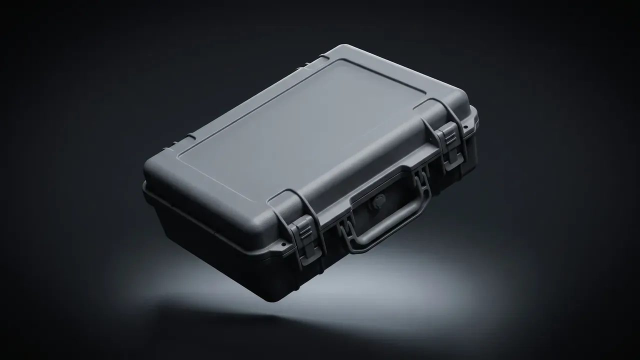 Hard plastic case manufacturer: a dark grey case floating against a dark backdrop, two latches on the right, moulded ribs on the lid