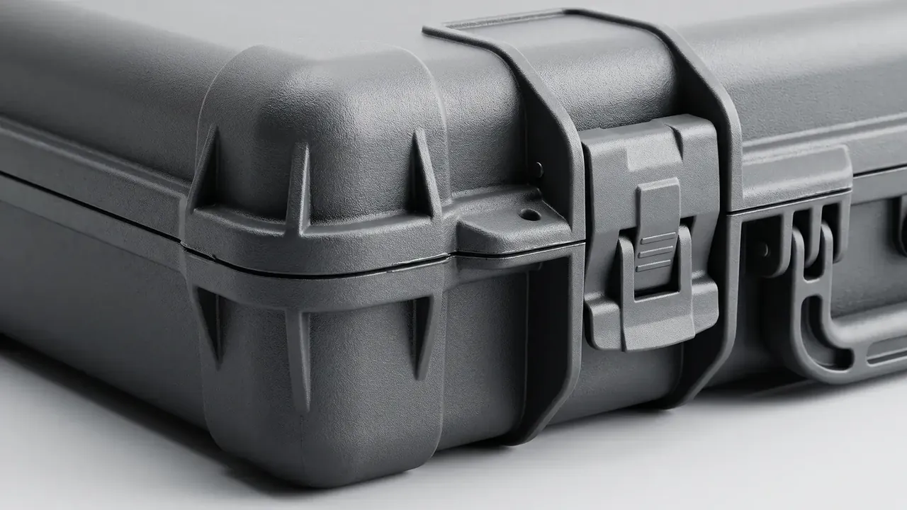 Hard shell plastic case: dark grey corner close-up, bumper with radial ribs, one ridged draw latch, part of the handle, fine matte texture