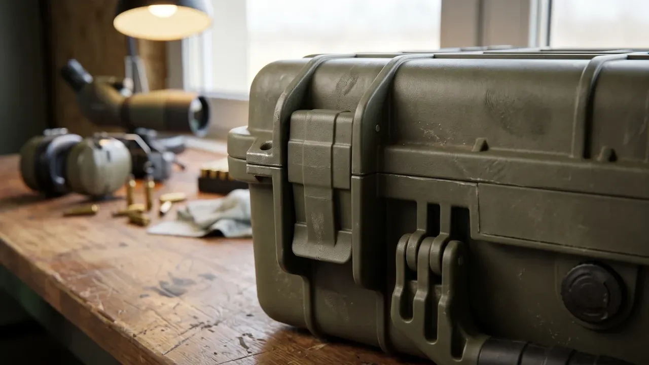 Hard shell plastic case: olive long case on a wooden bench, side latch, corner bumper, handle edge, round pressure valve, lamp and cartridges blurred behind