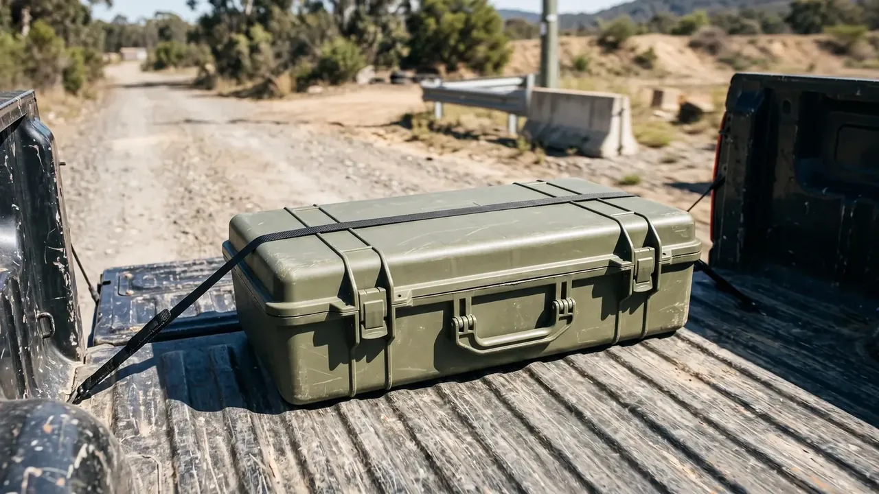 Hard shell plastic pencil case: olive green long case on a pickup bed, two black straps across the lid, folding handle facing out
