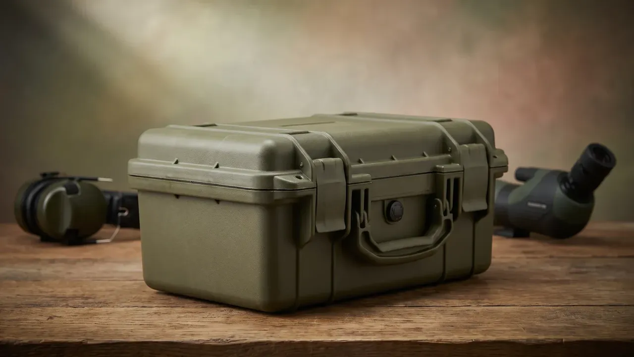 Hard shell plastic zipper case: olive green closed body on a weathered wood plank, two latches flanking the folding handle, round purge valve nearby