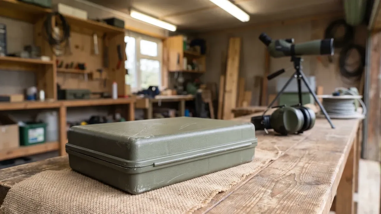 Hard shell plastic zipper case: slim olive shell lying on burlap over a workbench, only the mould seam and scuffed corners visible, tools behind