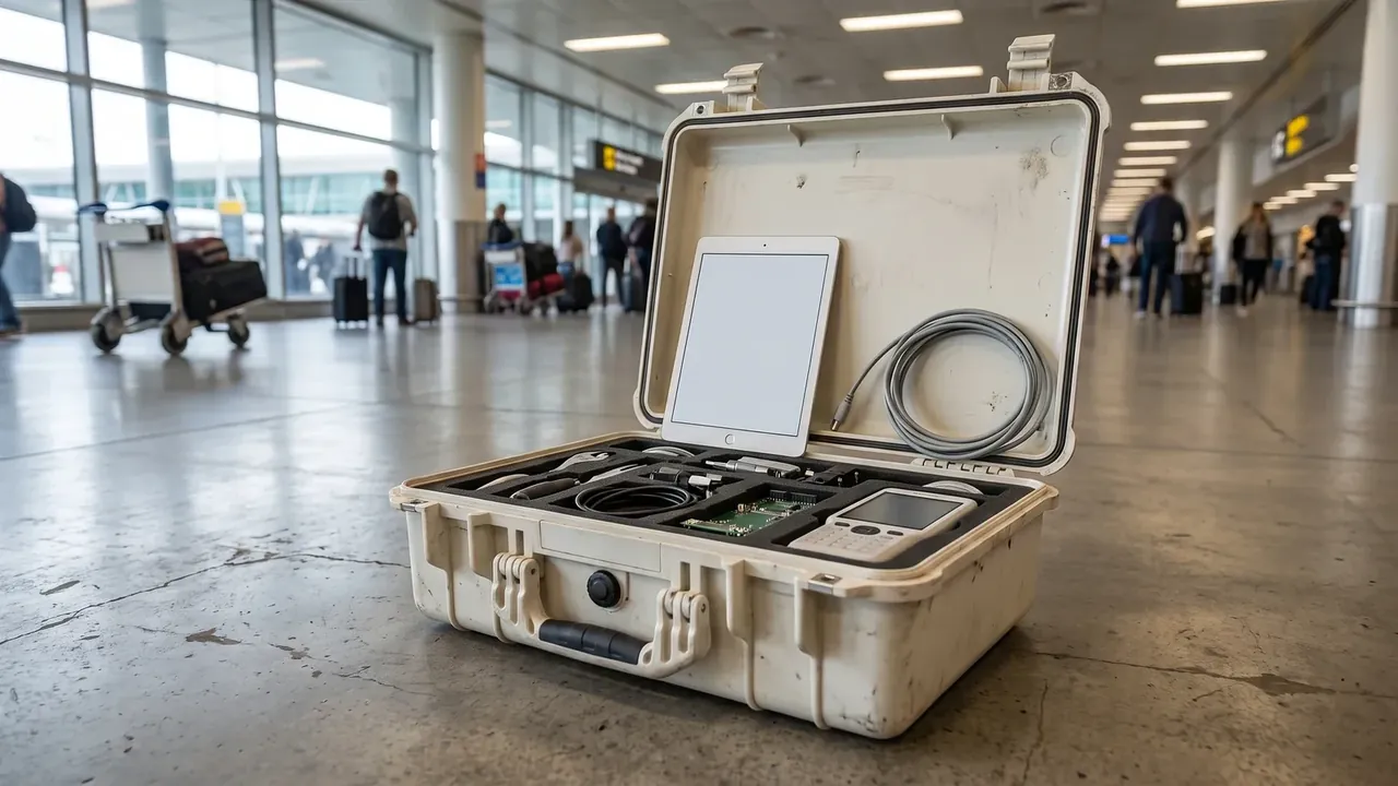 Hard Shell Suitcase: cream case open on airport tiles, a black seal lip intact around the lid, grey scuffs on the lower shell