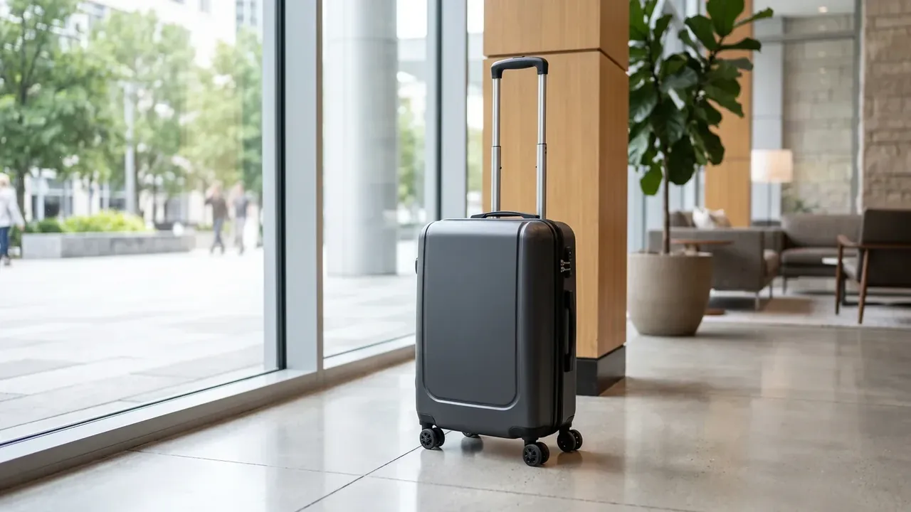 Hard Shell Suitcase: charcoal case by a hotel window, trolley fully extended, four wheels on the stone floor