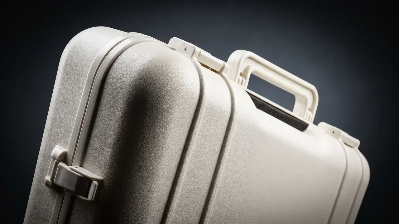 Hard Shell Suitcase: corner close-up, fine sand texture catching side light, lid lip and grip root in the same frame