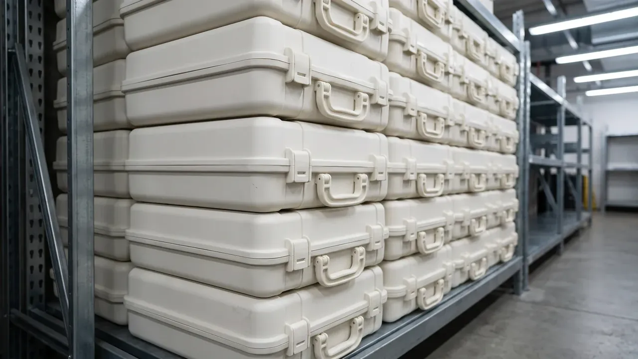 Hard Shell Suitcase: identical cream cases stacked on warehouse racks, latches facing out, a gap between lids