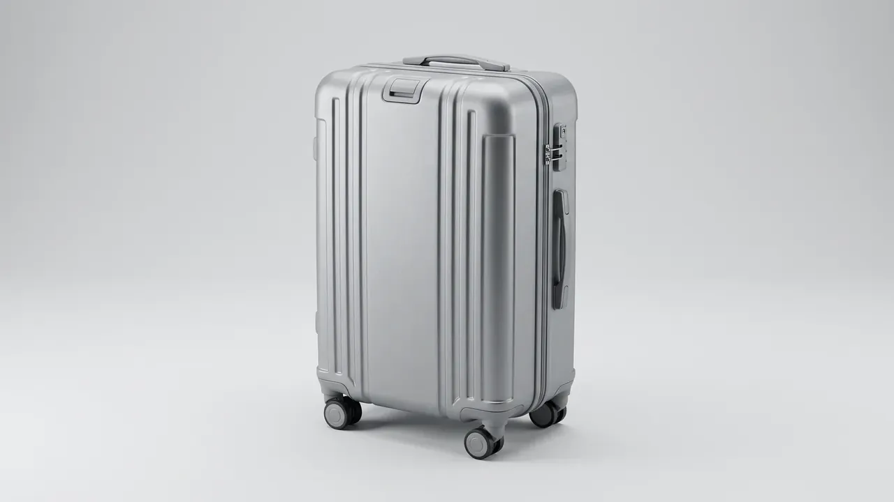 Hard Shell Suitcase: silver-grey shell side-on, a three-dial combination lock between the ribs, side grip above the wheel housing