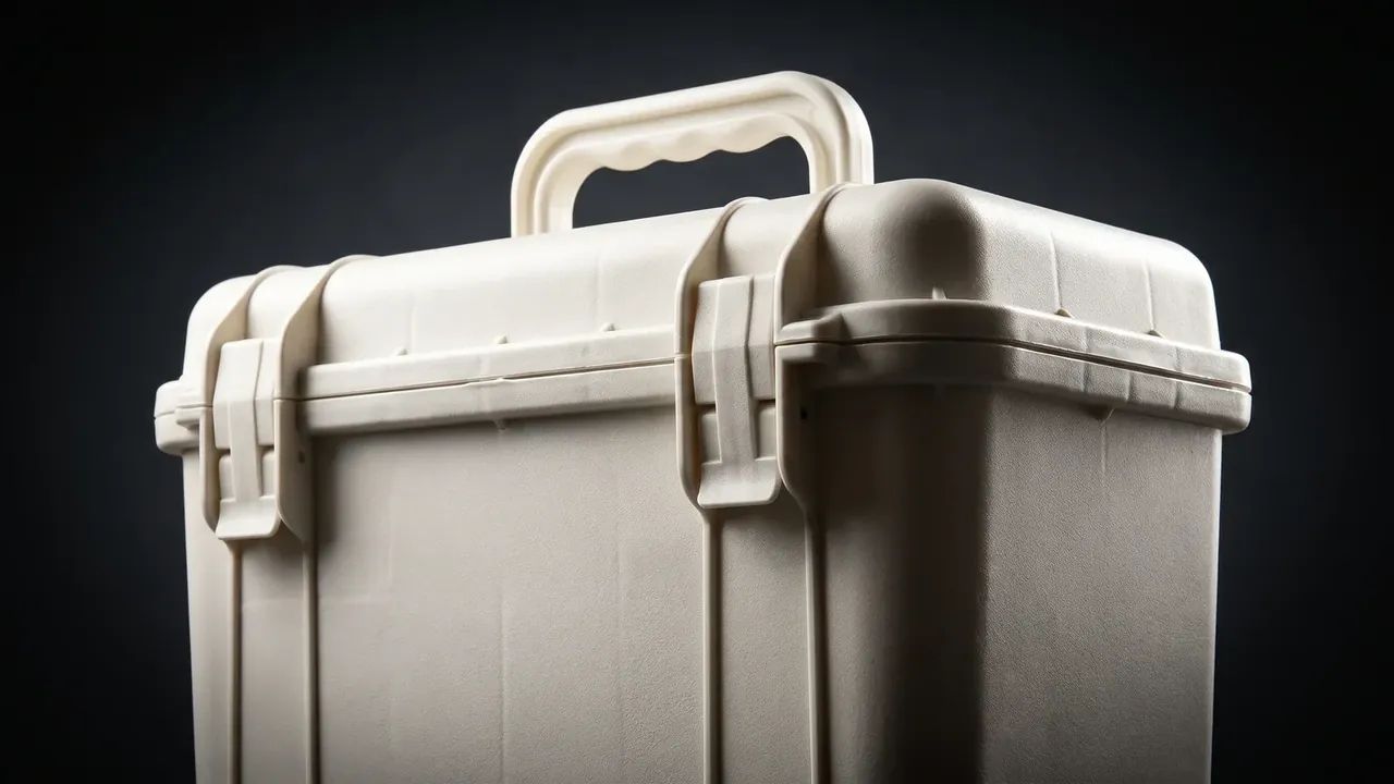 Hard Shell Suitcase: close-up of a cream lid corner, grip, two latches and the lid lip, fine sand-textured surface