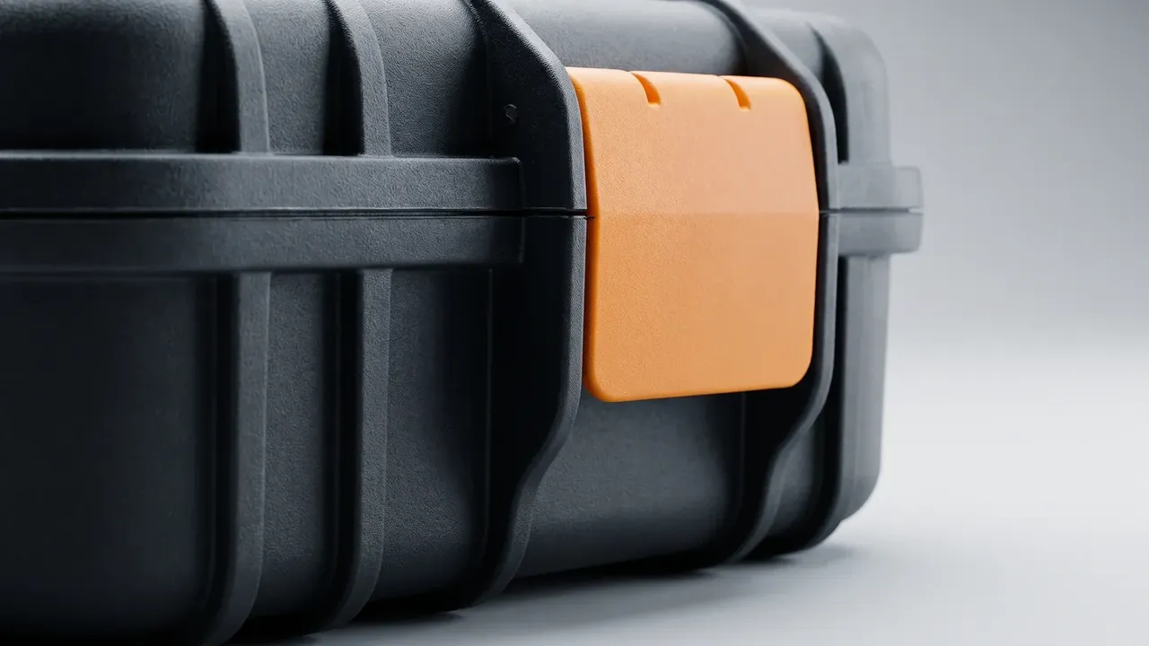 Hardware Tool Box: close-up of a black case wall, vertical ribs and moulded side handle, one orange latch set in a recess