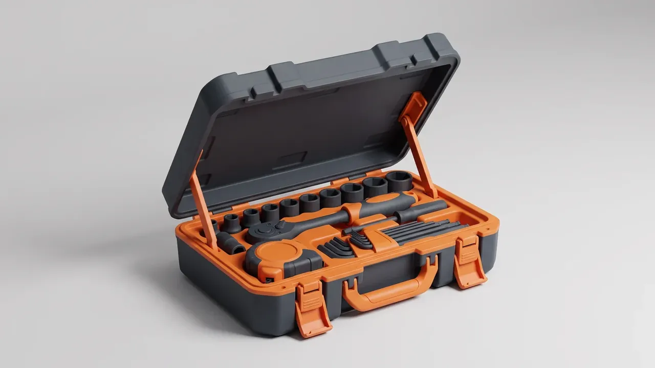 Hardware Tool Box: charcoal case open flat with orange trim, two orange lid stays, orange sockets and a ratchet in the tray