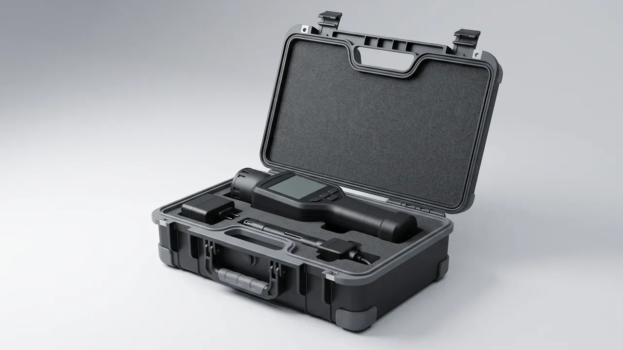 Heavy duty plastic storage trunk: dark grey shell standing open, grey foam lining the lid, a handheld meter seated in the foam tray, folding handle