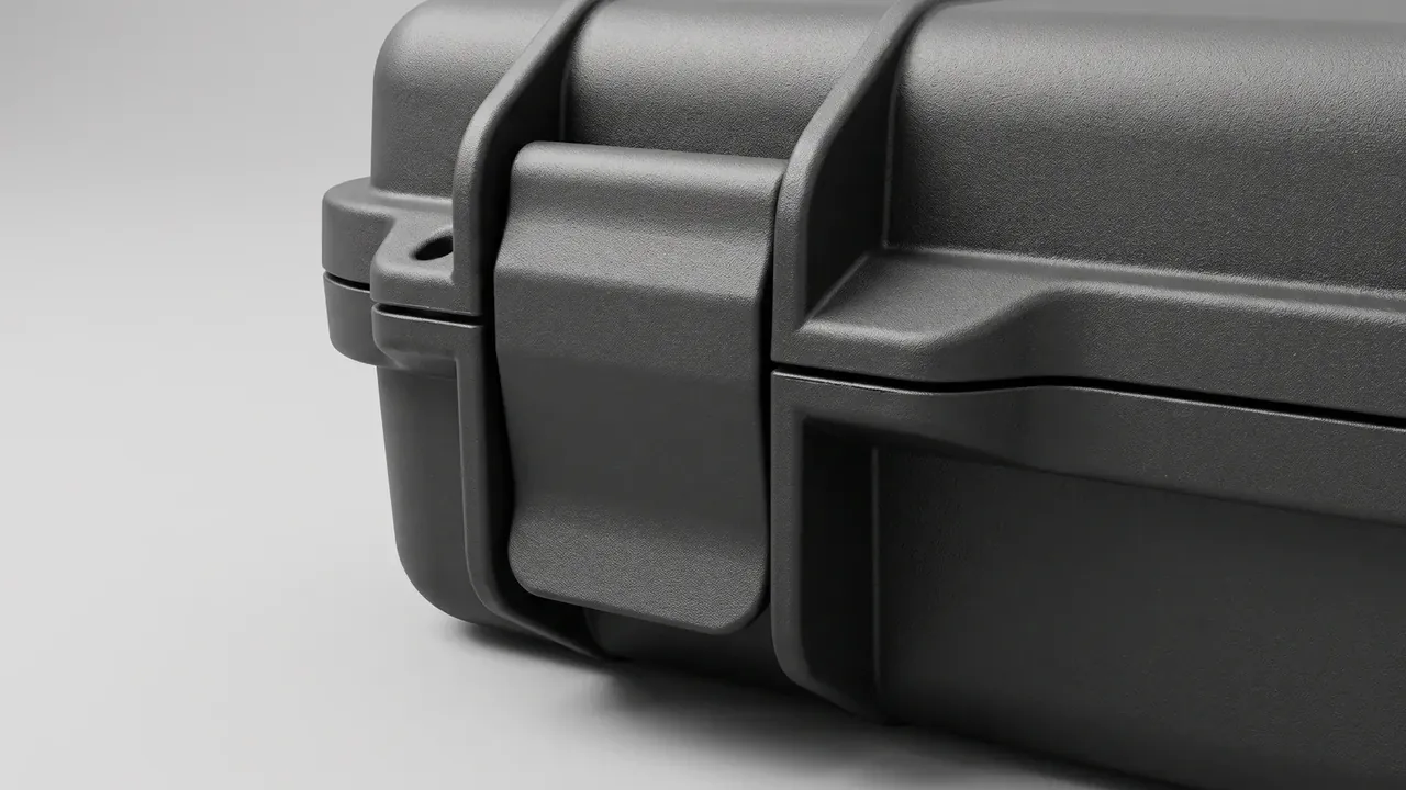 Heavy duty plastic storage trunk: close-up of a charcoal corner, one wide over-centre latch, two vertical ribs, matte textured surface