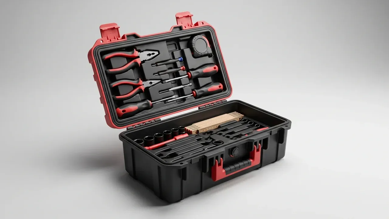 Heavy duty plastic tool box: a black and red case open from above, lid foam slotted for pliers, base tray divided for sockets