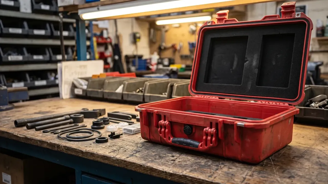 Heavy duty plastic tool box: a red case open on a worn bench, grey foam hollowed in the lid, bushes and seals laid in front