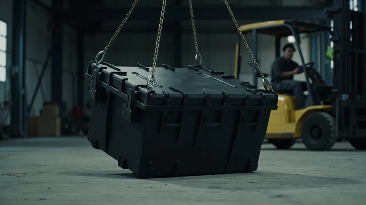 A large black case slung from its four corner lifting eyes on chain slings, clear of the floor, forklift waiting behind