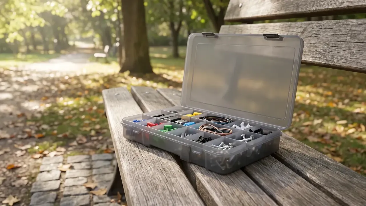 Heavy-Duty Protective Case: grey compartment box open on a park bench, coloured terminals in the cells, leaves on the ground