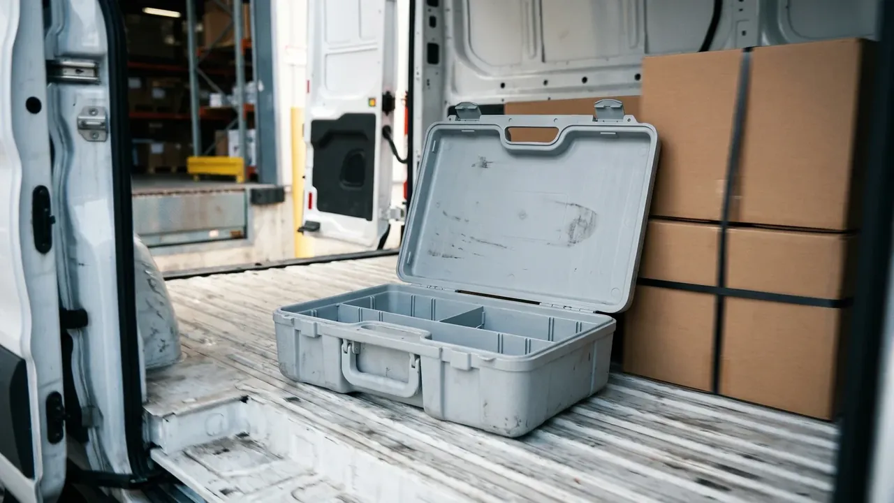 Heavy-Duty Protective Case: pale grey case open inside a white van, strapped cartons beside it, warehouse dock outside