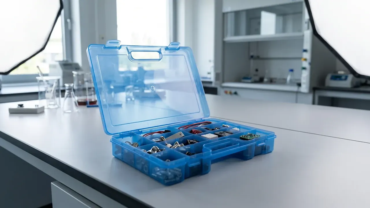 Heavy-Duty Protective Case: blue translucent compartment case open upright on a bench, carry slot and two catches, bays of screws and boards