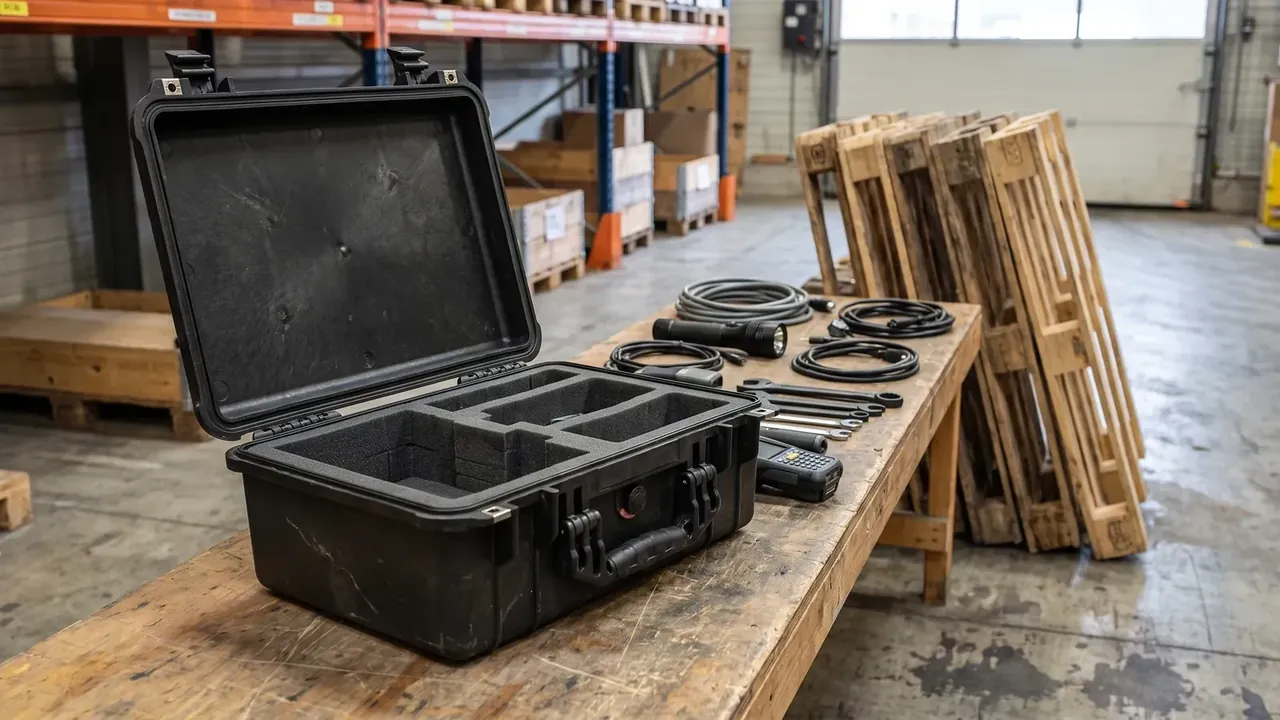 Heavy-Duty Protective Case: black case open on a warehouse bench, black lid foam, six base compartments, two front latches, coiled cables beside it