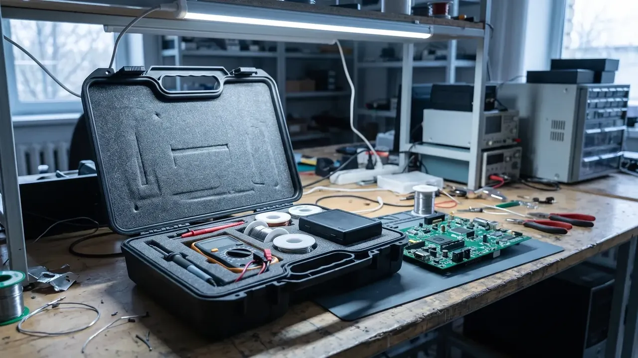 Heavy-Duty Protective Case: black case open on an electronics bench, grey lid foam, insert holding a multimeter and red probes, circuit board beside it