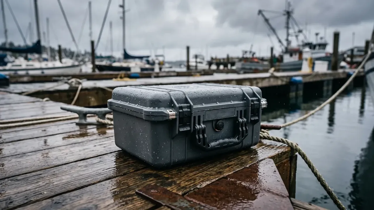 Heavy-Duty Protective Case: a grey case on a rain-soaked timber jetty, two latches and a centre handle, a round valve on the side