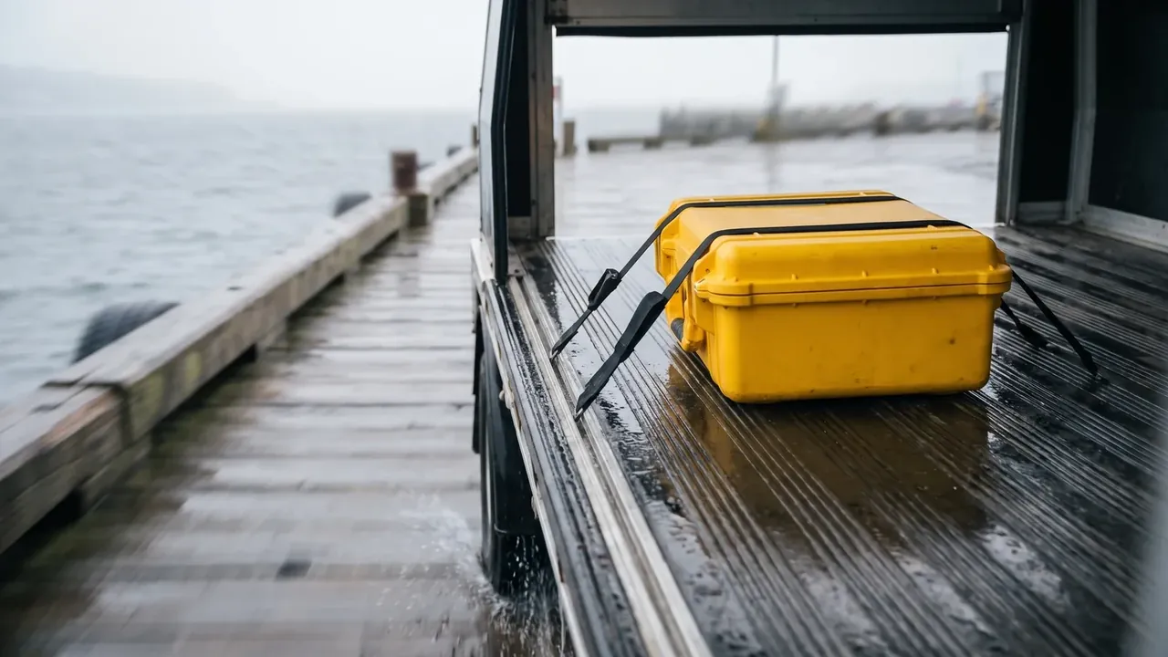 Heavy-Duty Protective Case: a yellow case strapped to a ribbed truck floor with two black straps, dock water behind