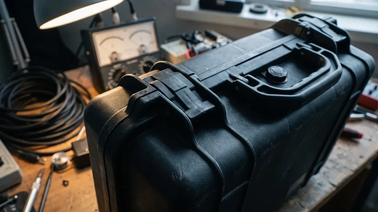 Heavy-Duty Protective Case: corner close-up on a wooden bench, two stacked black cam latches clamping the lid edge, round valve seat, coiled cables behind