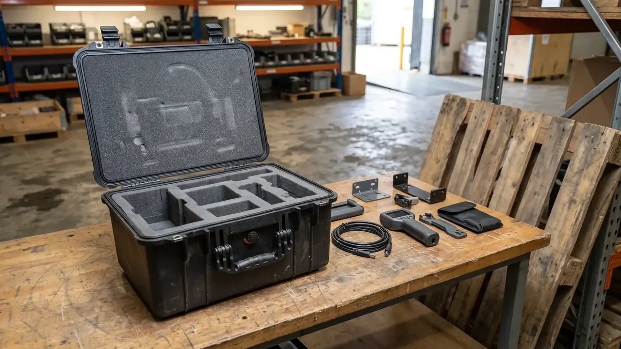 Heavy-Duty Protective Case: black case open on a warehouse bench, grey lid foam, six base compartments, metal brackets and a handheld gauge beside it