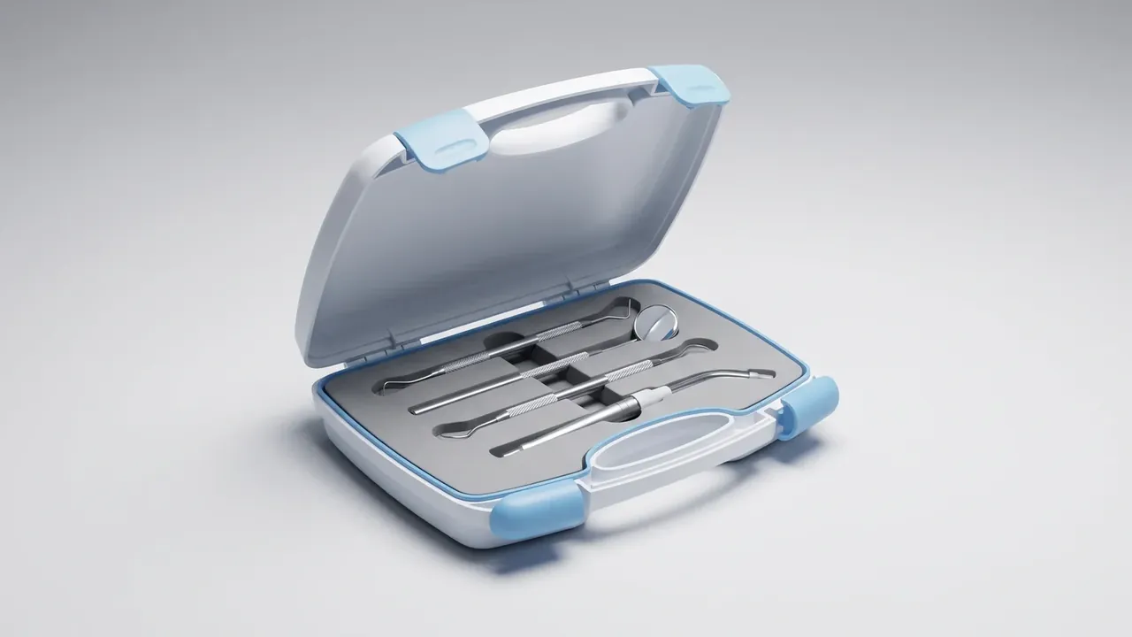 Heavy duty rolling instrument case: pale blue case open on a grey surface, grey tray with stainless probes, blue corner bumpers, front handle