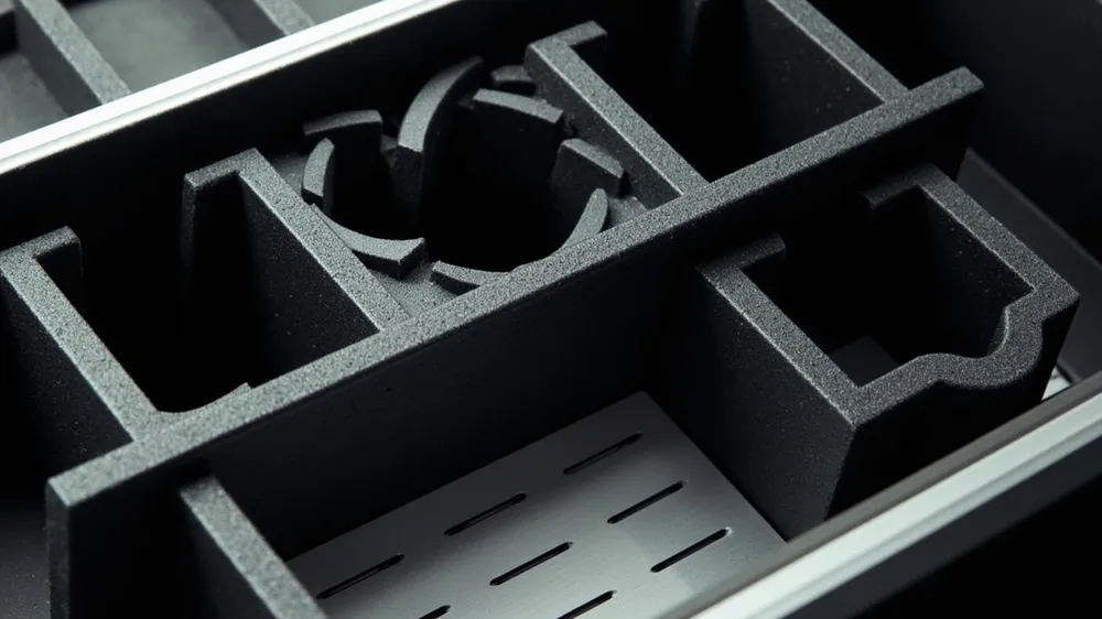 Tool case interior with foam cavities and a metal tray