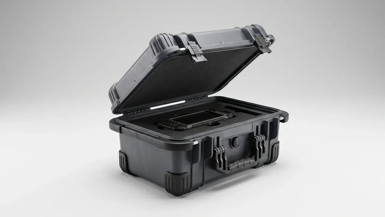 Heavy equipment mobile case: black case open on a pale backdrop, black foam insert with a rectangular recess, folding handle and round purge valve
