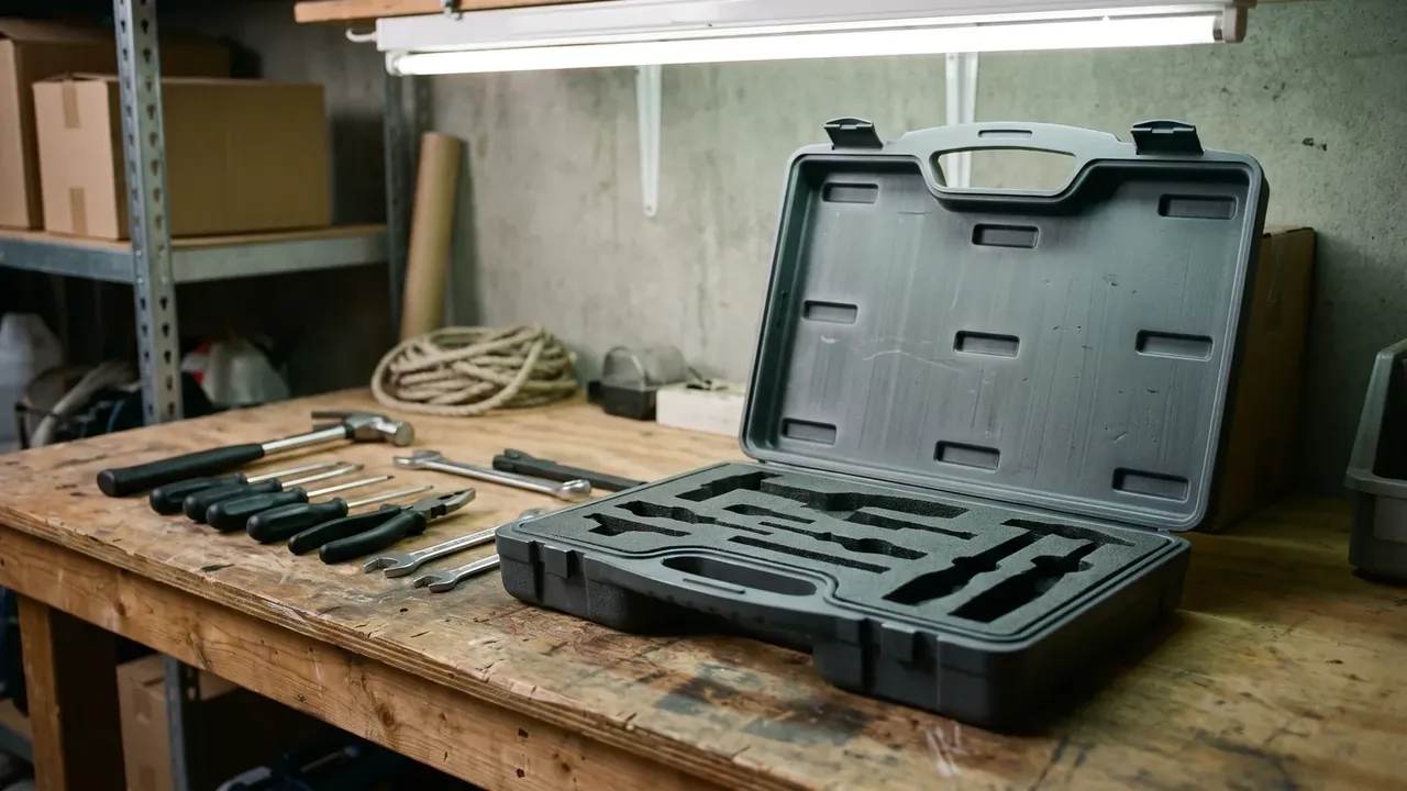 Heavy equipment mobile case: grey tool case open on a wooden bench, ribbed lid, foam cutouts in the base, spanners and a hammer beside it