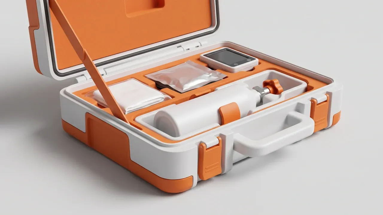 CSSD transfer case in white and orange, open, orange insert trays with a grey monitor box and white soft pack, two orange latches