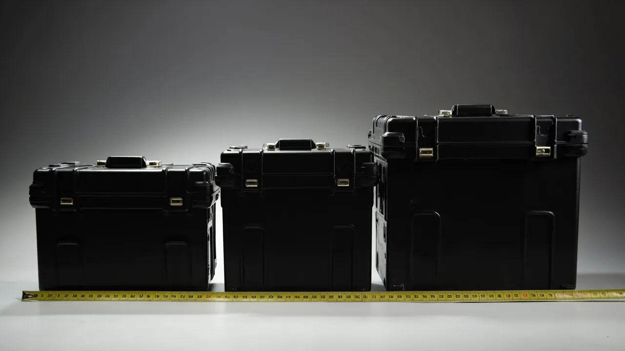Three toolbox sizes compared with a tape measure