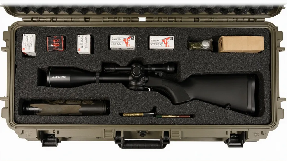 Custom foam cutouts for a riflescope, ammo boxes and accessories in a case