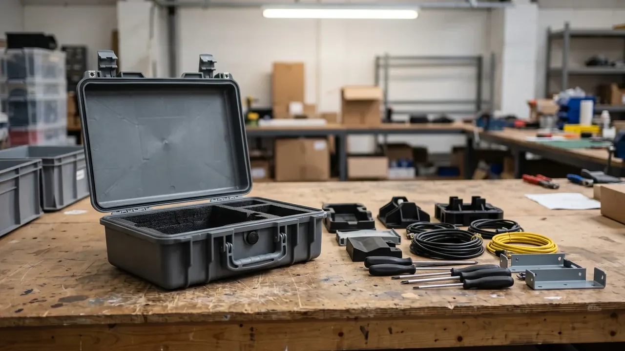 Industrial plastic tool box supplier: an empty case open on a wooden workbench, foam compartments inside, blurred workshop racks behind, coiled cables, screwdrivers, metal brackets