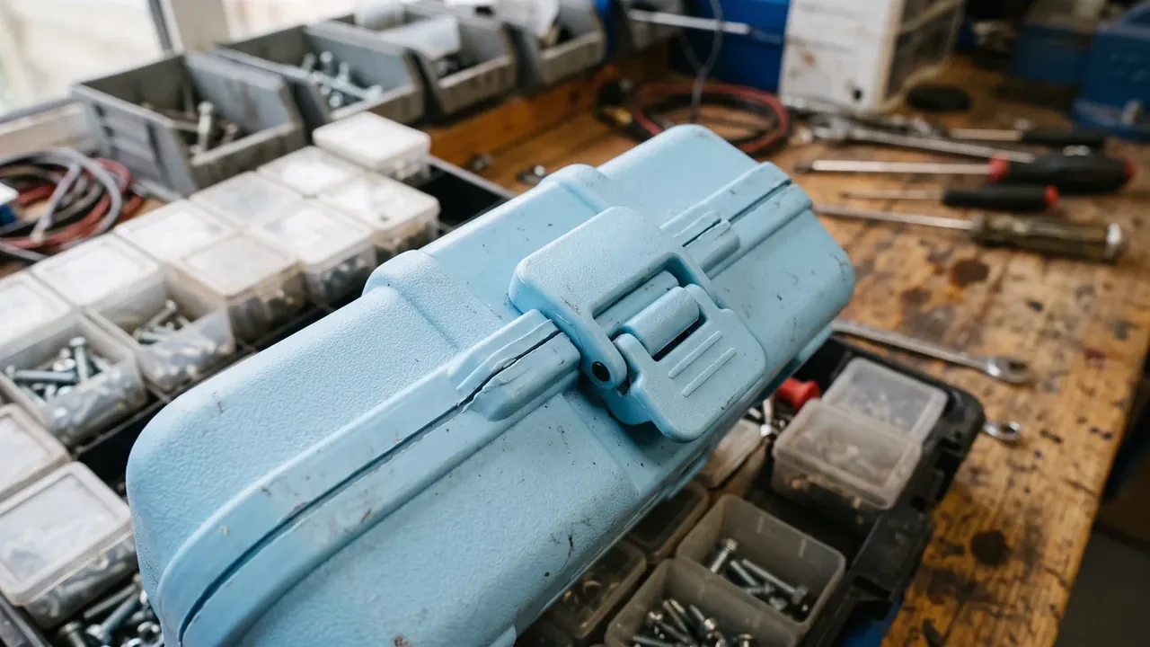 Industrial plastic tote box: a pale blue case on a worn wooden bench, single front latch closed, scuffed surfaces, clear parts boxes of screws around