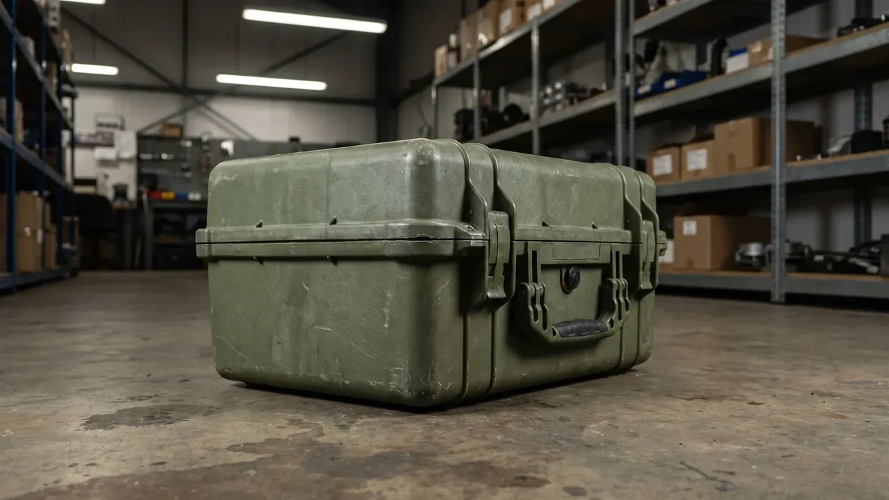 Industrial Protective Case: a closed olive green case on a workshop floor, one latch and a folding handle, scuffed corners, blue racking behind