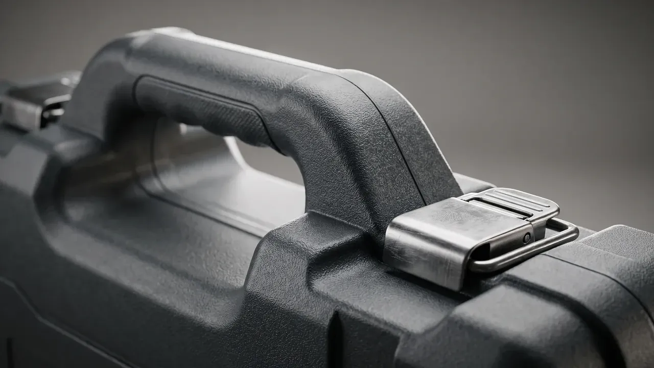 Industrial tool carrying case: close-up of a black textured one-piece handle standing on the lid, steel latch blurred to the right