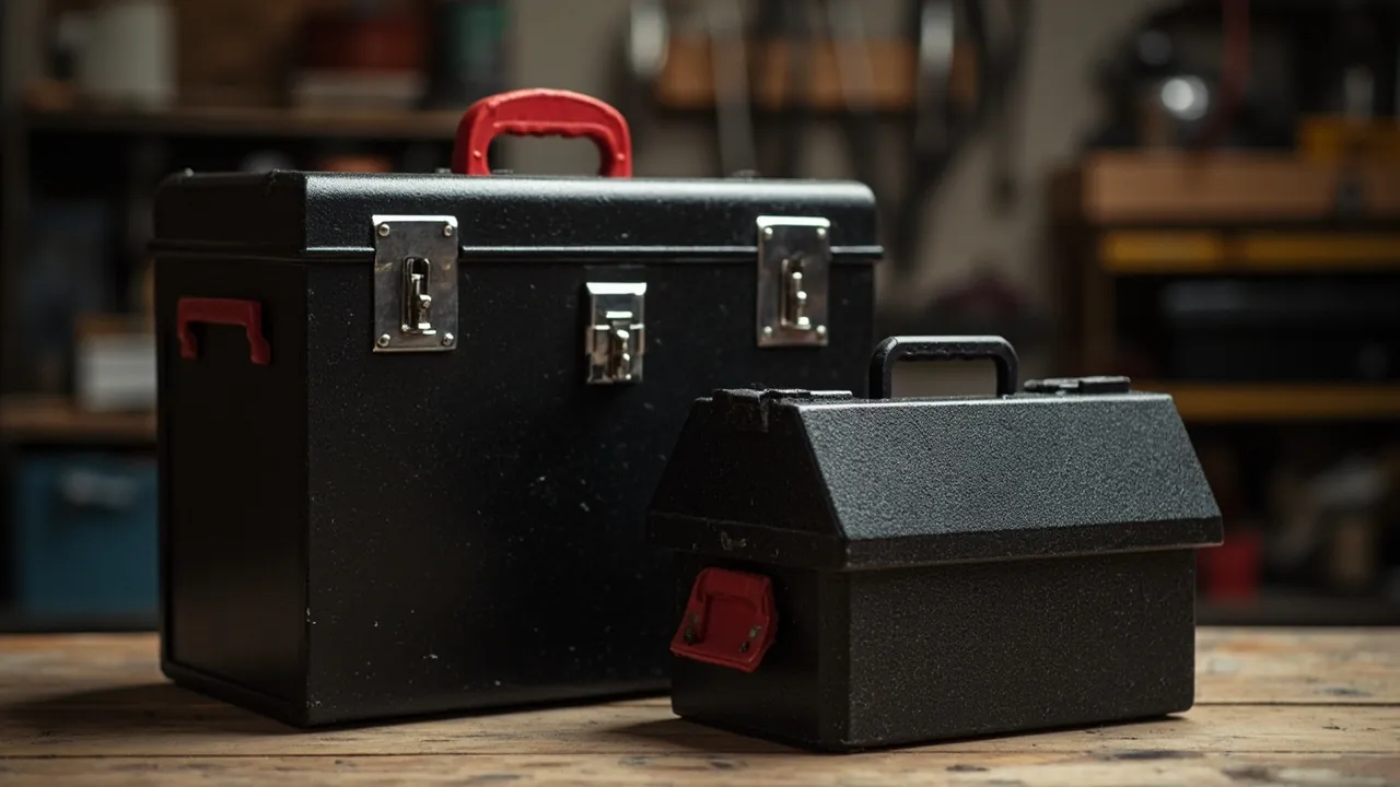 Heavy industrial toolbox beside a household one