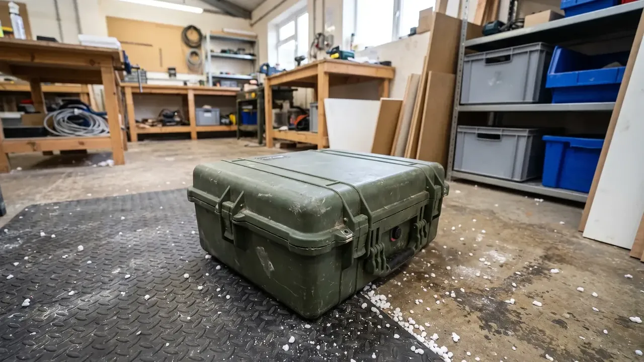 Injection molded plastic tool box: closed olive green case on a black mat, two front latches, folding handle, scuffed lid, workbench and grey bins behind
