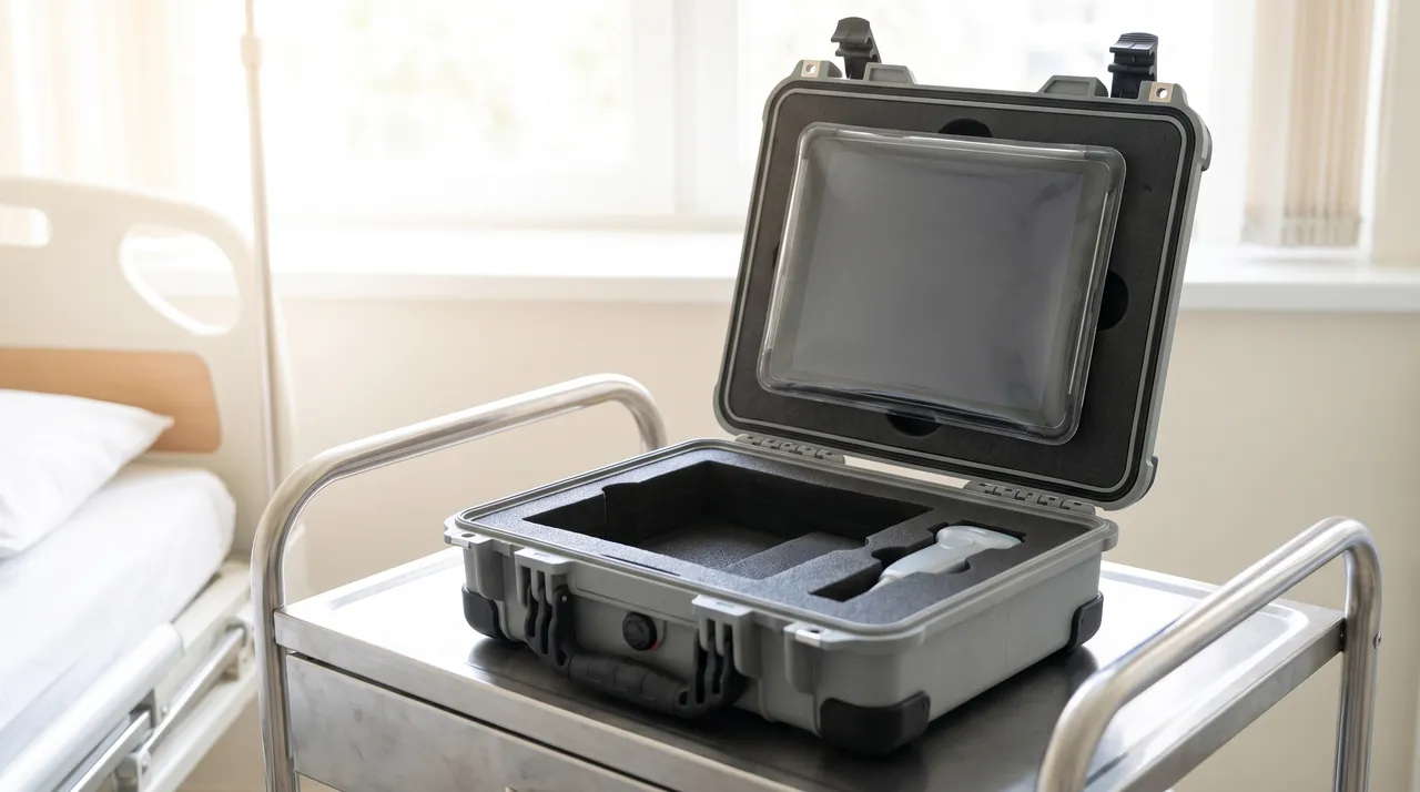 An instrument cart leveled with a bubble level and adjustable feet after parking