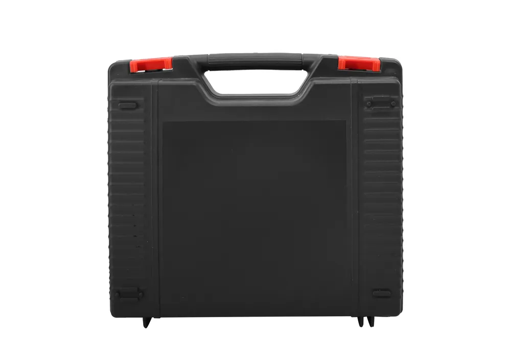 Instrument case with black shell and red latches