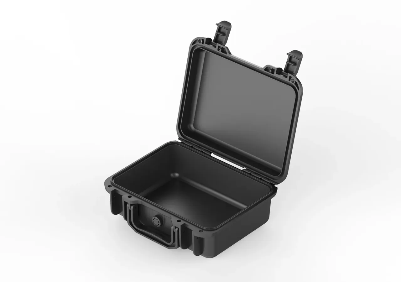 Case open at an angle, smooth lid interior without a liner, empty base and a round pressure valve on the front wall