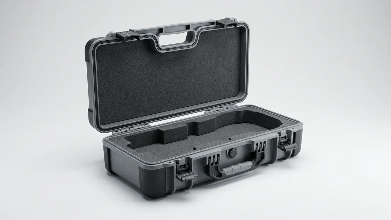 Instrument Protection Case: black case open 110 degrees, dark foam in the lid, three cut pockets in the base, two latches, round vent by handle