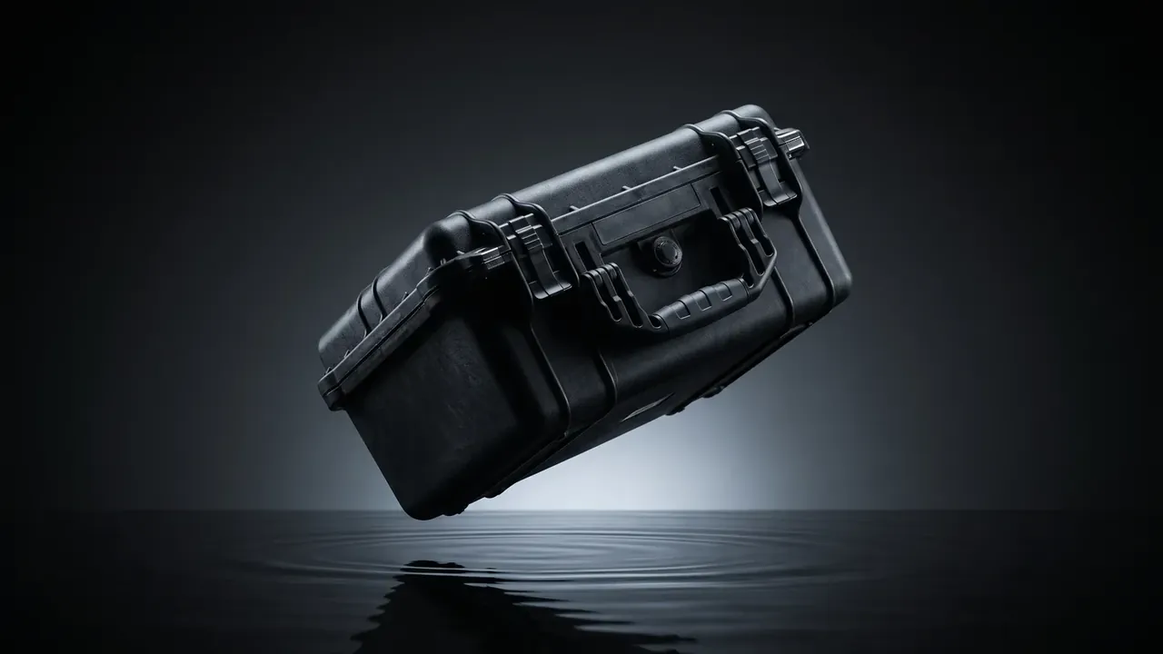 Instrument Protection Case: closed black case tilted above dark water, two latches and a folding handle on the front, round valve, ripples and reflection below
