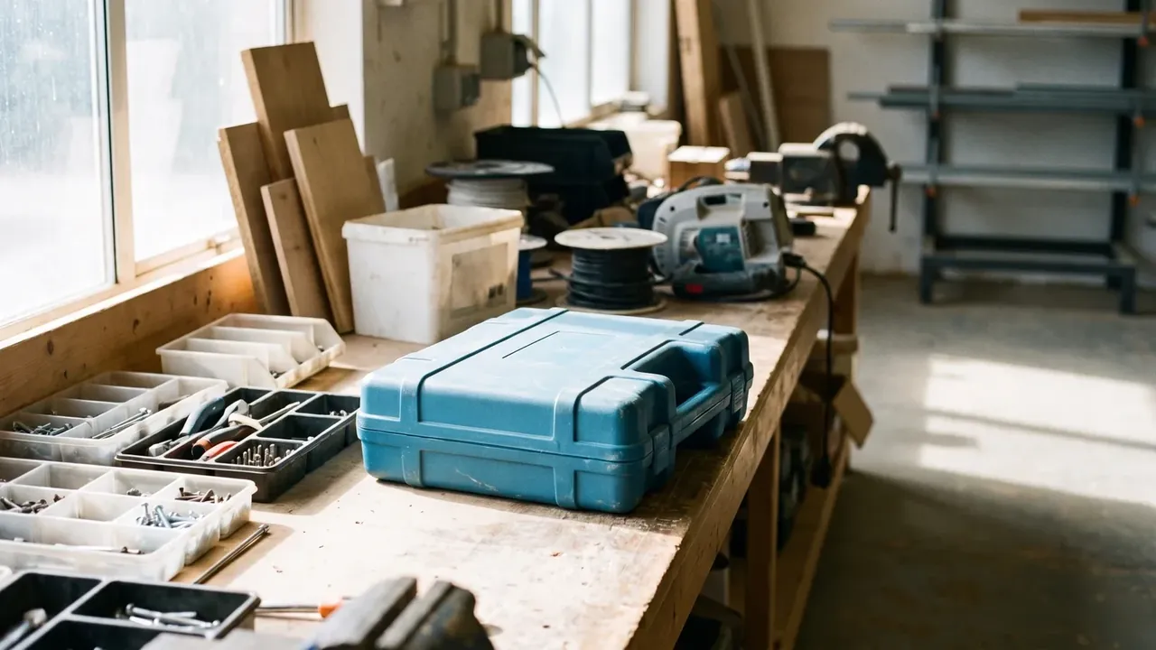 Instrument tool case: blue closed case flat on a wooden workbench among white parts trays, screwdriver bits, cable spools and a white bin