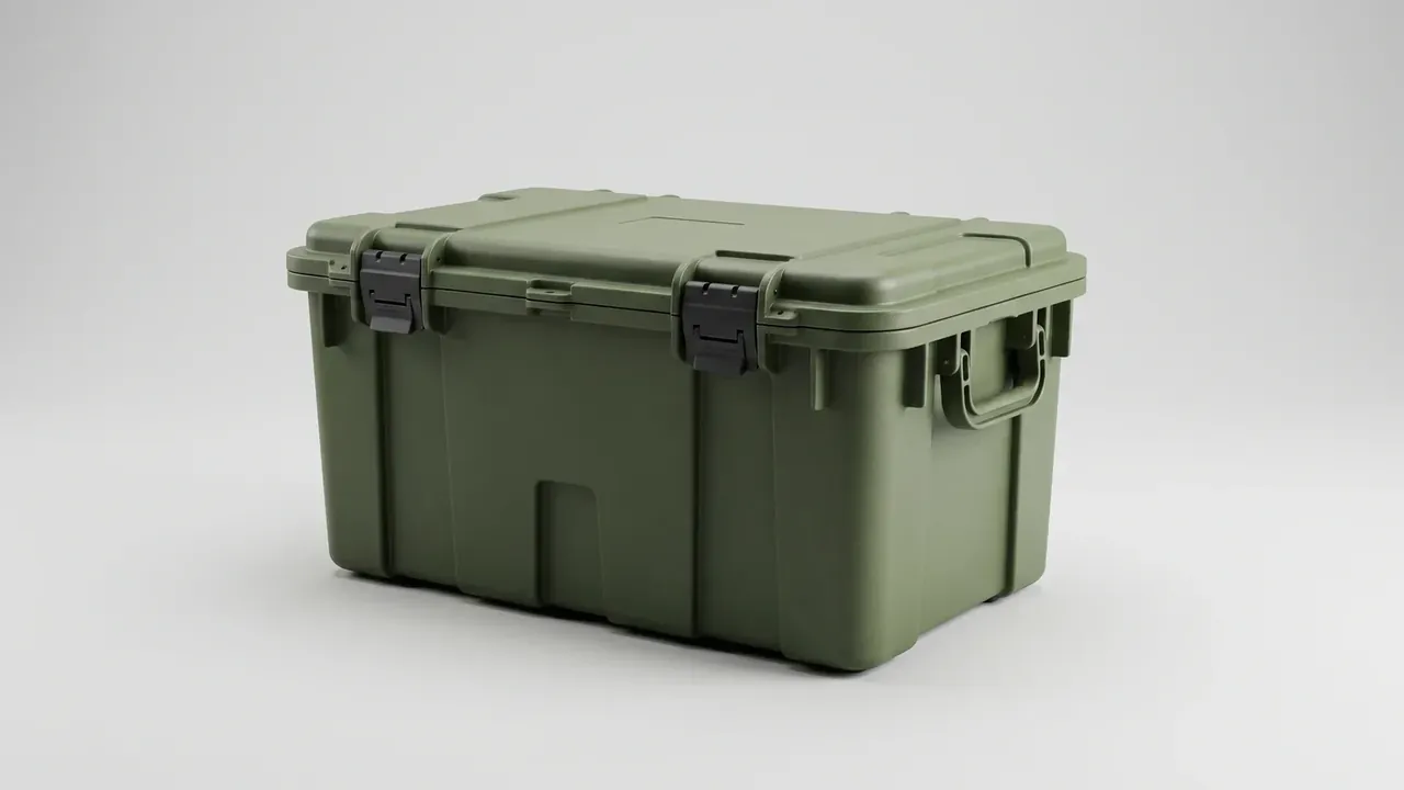 IP67 Protective Case: olive green case on a light grey sweep, three black latches along the seam, rectangular lid recess, handle at right